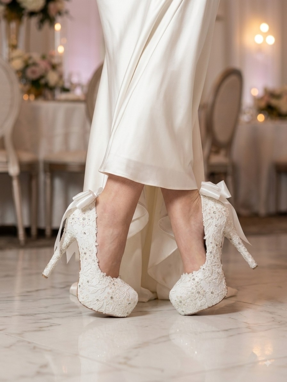 Elegant White Lace Bridal High Heels with Bow Detail 220